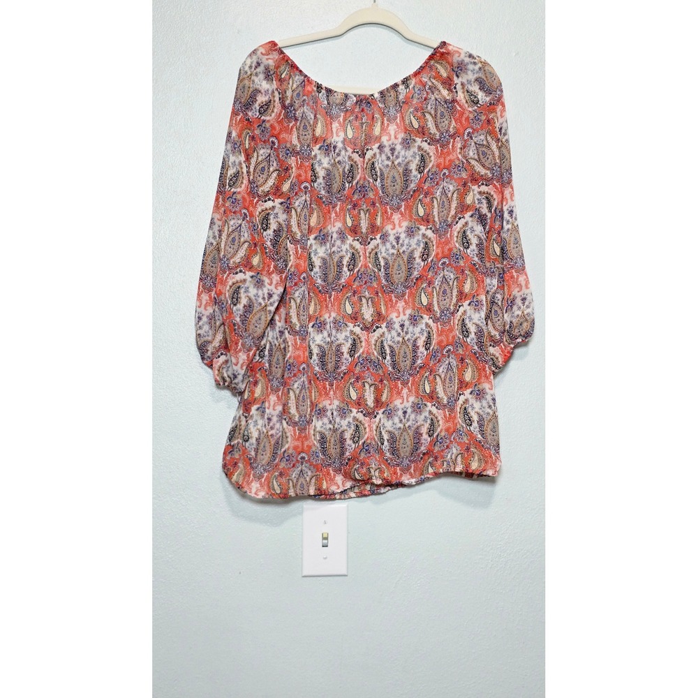 Liz Claiborne Woman Orange Paisley Button Front Blouse 2X Elastic 3/4 Sleeve